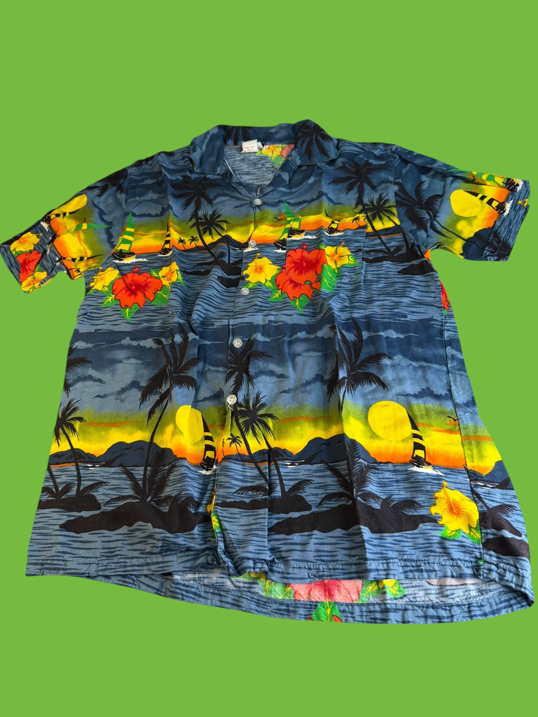 Kowah Hawaiian Shirt XL Blue Tropical Sunset Palm Tree Hibiscus Rayon Aloha - Image 1