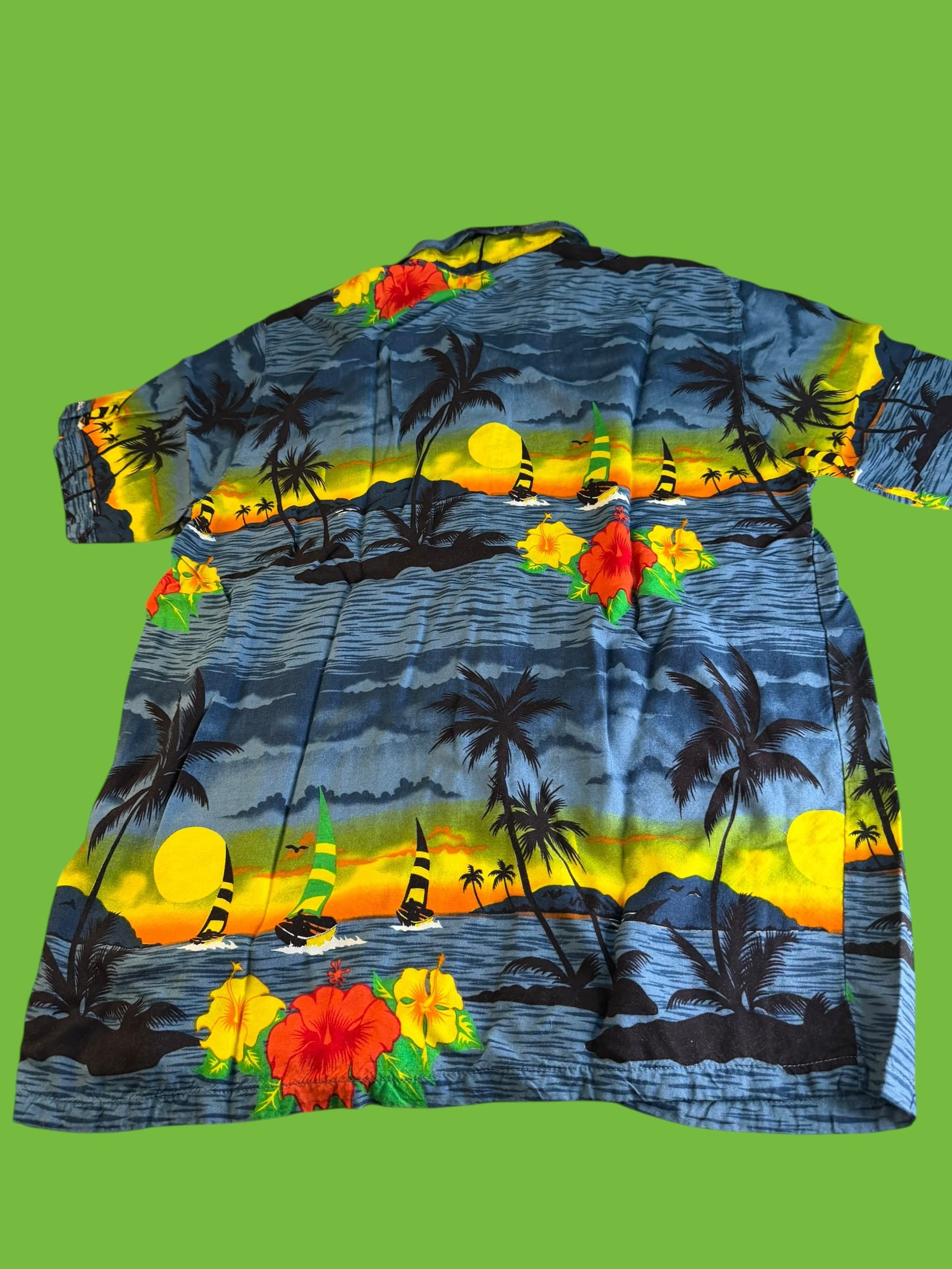 Kowah Hawaiian Shirt XL Blue Tropical Sunset Palm Tree Hibiscus Rayon Aloha - Thumbnail 2