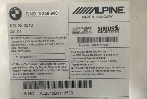 2011-2013 BMW X3 Radio Stereo Alpine Satellite 9 258 940 1 din Disc CD Player - Thumbnail 6