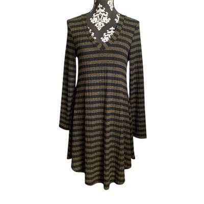 Women's Green & Black Striped Long Sleeve Swing Sweater Dress L - Image 1