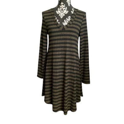 Women's Green & Black Striped Long Sleeve Swing Sweater Dress L - Thumbnail 12