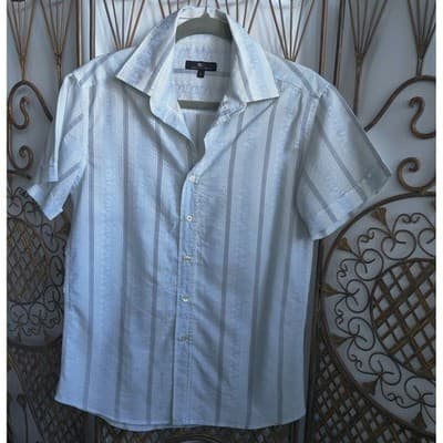 BC Collection Mens Large Short Sleeve Button Down Shirt Blue White Striped L - Thumbnail 9
