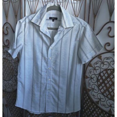 BC Collection Mens Large Short Sleeve Button Down Shirt Blue White Striped L - Image 1
