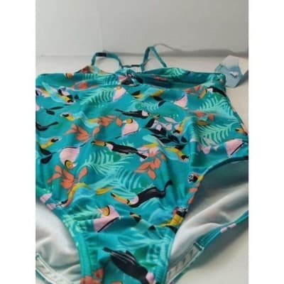 Speedo Kids Girls One Piece Swimsuit Teal Toucan Tropical Print XL 16 - Thumbnail 7
