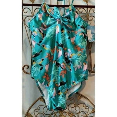 Speedo Kids Girls One Piece Swimsuit Teal Toucan Tropical Print XL 16 - Image 1