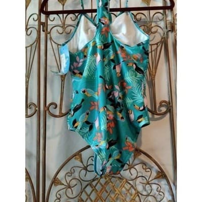 Speedo Kids Girls One Piece Swimsuit Teal Toucan Tropical Print XL 16 - Thumbnail 2