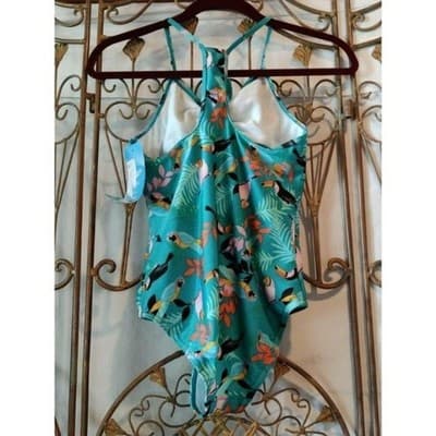Speedo Kids Girls One Piece Swimsuit Teal Toucan Tropical Print XL 16 - Thumbnail 10