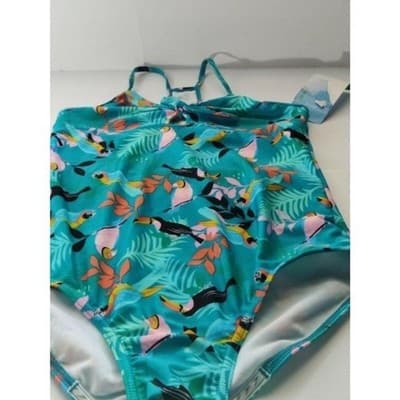 Speedo Kids Girls One Piece Swimsuit Teal Toucan Tropical Print XL 16 - Thumbnail 3