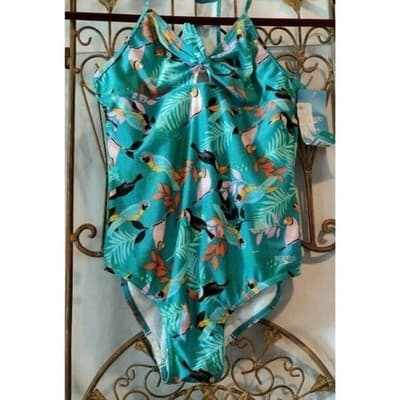 Speedo Kids Girls One Piece Swimsuit Teal Toucan Tropical Print XL 16 - Thumbnail 11