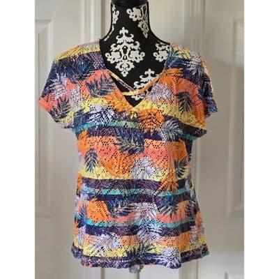 Hearts of Palm Tropical Palm Leaf Print Crochet Knit V Neck Top Womens Large - Thumbnail 12