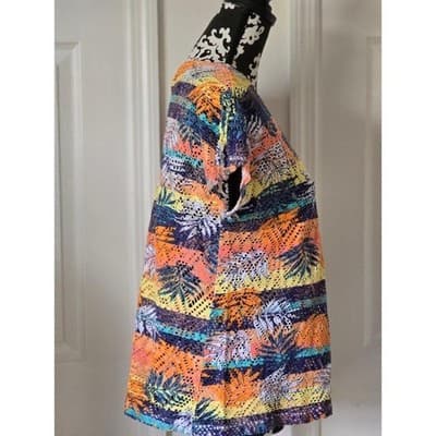 Hearts of Palm Tropical Palm Leaf Print Crochet Knit V Neck Top Womens Large - Thumbnail 4