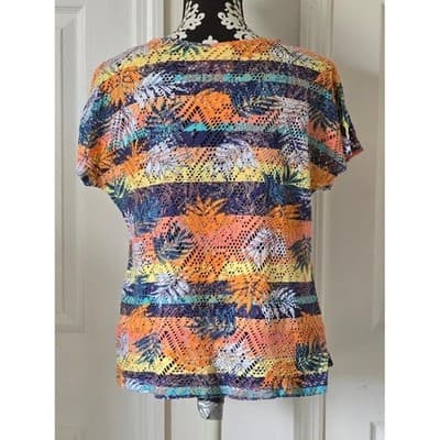 Hearts of Palm Tropical Palm Leaf Print Crochet Knit V Neck Top Womens Large - Thumbnail 2