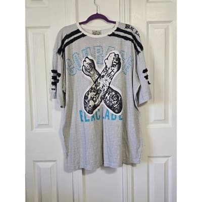 Black Label Men's 4XL Striped Graphic T-Shirt Tattoo Fists "All Serious Daring" - Image 1