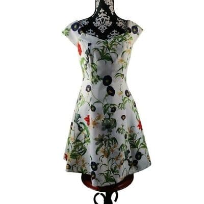 Forever21 Floral Cap Sleeve Fit & Flare Dress White Green Womens Size Small - Image 1