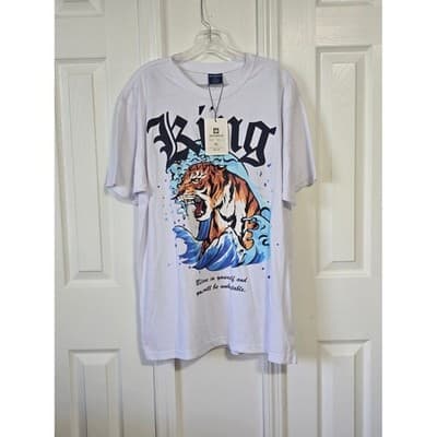 Victorious King Tiger Wave Graphic T Shirt XL White Mens Cotton - Image 1