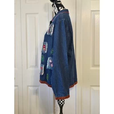Patchington Womens Denim Jacket L Christmas Trees Stockings Embroidered Holiday - Thumbnail 2