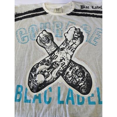 Black Label Men's 4XL Striped Graphic T-Shirt Tattoo Fists "All Serious Daring" - Thumbnail 10