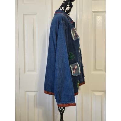 Patchington Womens Denim Jacket L Christmas Trees Stockings Embroidered Holiday - Thumbnail 4