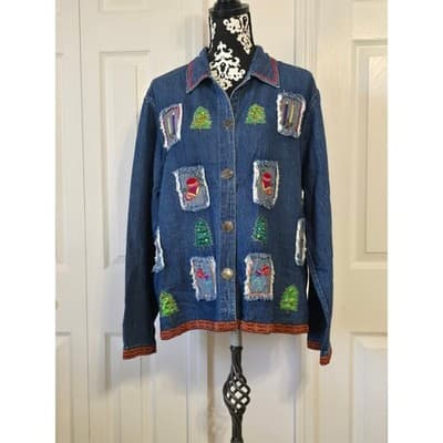 Patchington Womens Denim Jacket L Christmas Trees Stockings Embroidered Holiday - Thumbnail 11