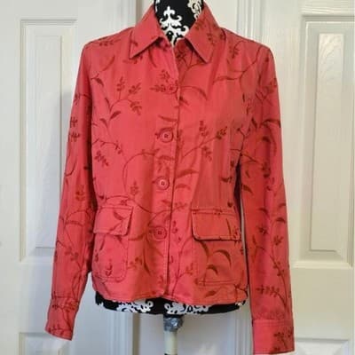 Jones New York Sport Coral Embroidered Floral Button Front Jacket Womens Medium - Image 1