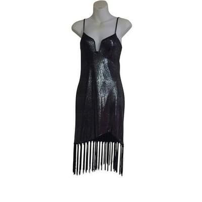 SMALL Sparkling Metallic Fringe Mini Dress Spaghetti Strap VNeck Party Night Out - Thumbnail 4
