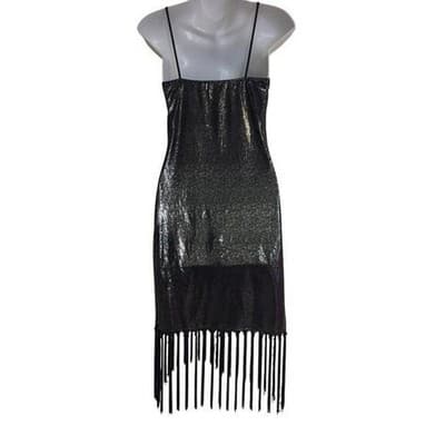 SMALL Sparkling Metallic Fringe Mini Dress Spaghetti Strap VNeck Party Night Out - Thumbnail 8