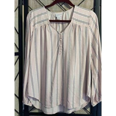 Liz Claiborne Womens Tunic Top Pink Striped Long Sleeve V Neck High Low S - Image 1