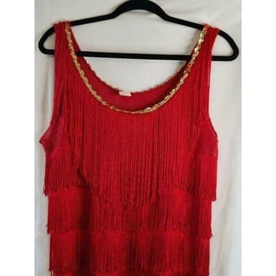 Vintage Womens Red Embellished Gold Sequin Layered Fringe Tank Top - Thumbnail 8