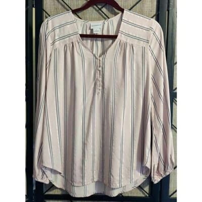Liz Claiborne Womens Tunic Top Pink Striped Long Sleeve V Neck High Low S - Thumbnail 9
