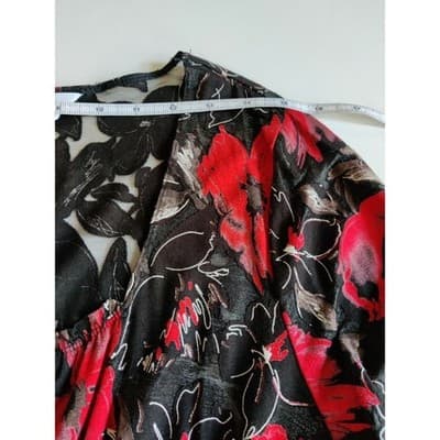 Adora Floral Sheer Top Blouse Long Sleeve Elastic Waist Black/Red Size Large - Thumbnail 4