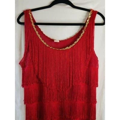 Vintage Womens Red Embellished Gold Sequin Layered Fringe Tank Top - Thumbnail 2