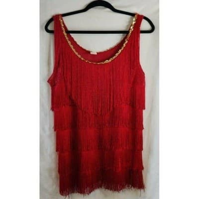 Vintage Womens Red Embellished Gold Sequin Layered Fringe Tank Top - Image 1