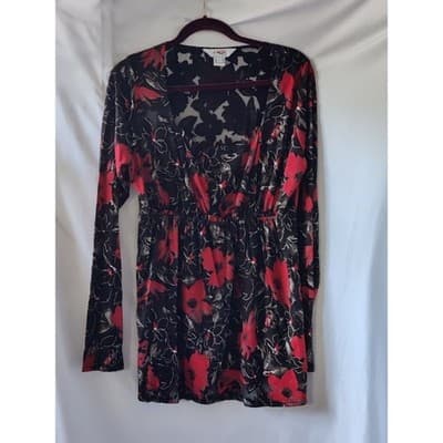 Adora Floral Sheer Top Blouse Long Sleeve Elastic Waist Black/Red Size Large - Image 1