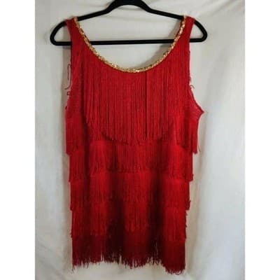 Vintage Womens Red Embellished Gold Sequin Layered Fringe Tank Top - Thumbnail 3