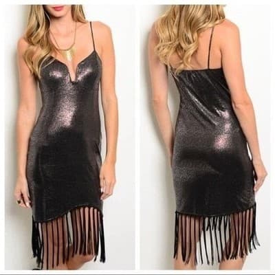 MED Manito Sparkling Metallic Fringe Mini Dress Spaghetti Strap VNeck Party - Image 1