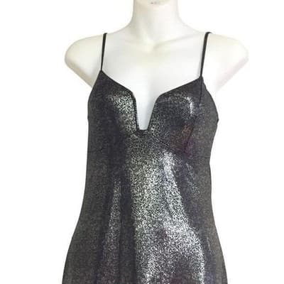 MED Manito Sparkling Metallic Fringe Mini Dress Spaghetti Strap VNeck Party - Thumbnail 6