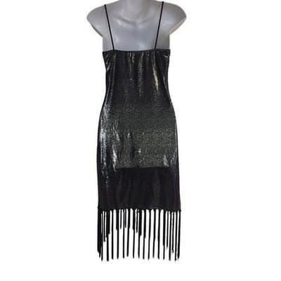 MED Manito Sparkling Metallic Fringe Mini Dress Spaghetti Strap VNeck Party - Thumbnail 8