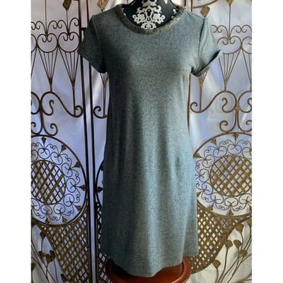LOFT Women Gray Jewel Neck Short Sleeve Casual Shift Dress Size M - Thumbnail 2
