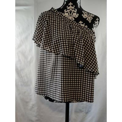 NWT BP Womens One Shoulder Ruffled Checked Top Blouse Black/White/Brown Size XS - Image 1
