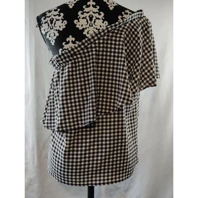 NWT BP Womens One Shoulder Ruffled Checked Top Blouse Black/White/Brown Size XS - Thumbnail 3