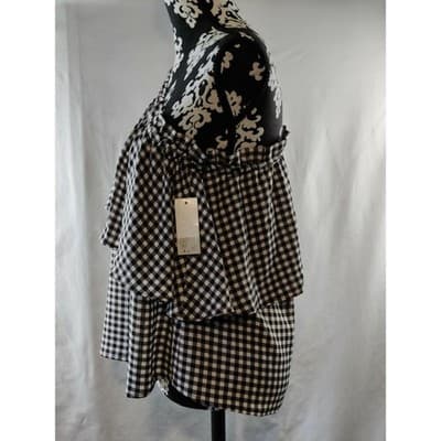 NWT BP Womens One Shoulder Ruffled Checked Top Blouse Black/White/Brown Size XS - Thumbnail 4