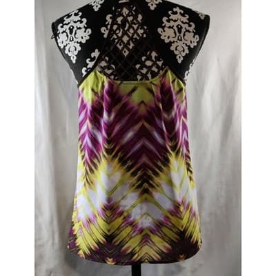 ana A New Approach Petite PM Purple Yellow Chevron Crochet Racerback Tank Top - Thumbnail 4