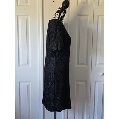 Stenay Black Beaded Floral Cocktail Dress Size 12 Short Sleeve Evening Gown - Thumbnail 6