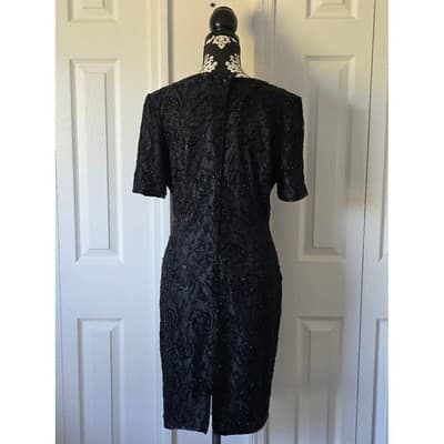 Stenay Black Beaded Floral Cocktail Dress Size 12 Short Sleeve Evening Gown - Thumbnail 5