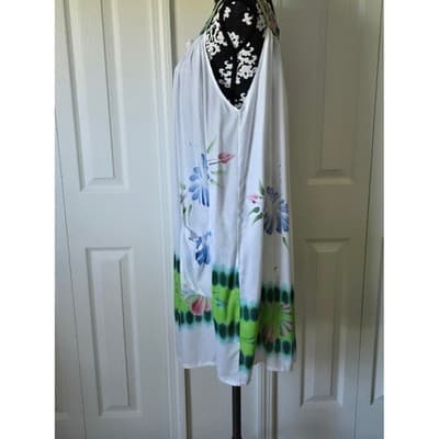 ONE SIZE Island Planet White Green Tie Dye Embroidered Sleeveless Beach Dress - Thumbnail 3