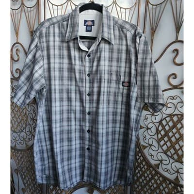 Authentic Dickies Mens Plaid Button Up Short Sleeve Shirt Cotton Gray Size XL - Image 1