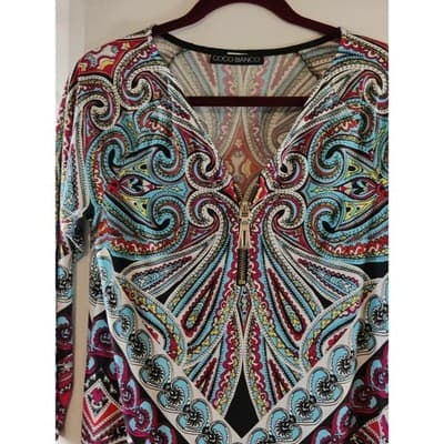 VTG. Coco Bianco Paisley 1/4 Zip Front 3/4 Sleeve Top Blouse Womens Size Small - Thumbnail 2