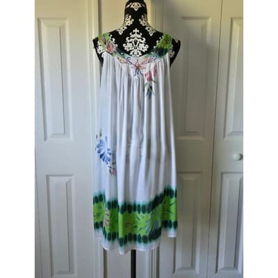 ONE SIZE Island Planet White Green Tie Dye Embroidered Sleeveless Beach Dress - Thumbnail 4