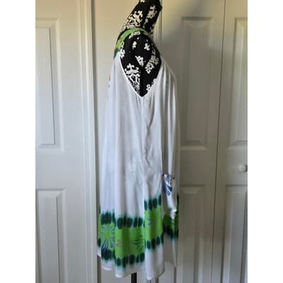 ONE SIZE Island Planet White Green Tie Dye Embroidered Sleeveless Beach Dress - Thumbnail 5