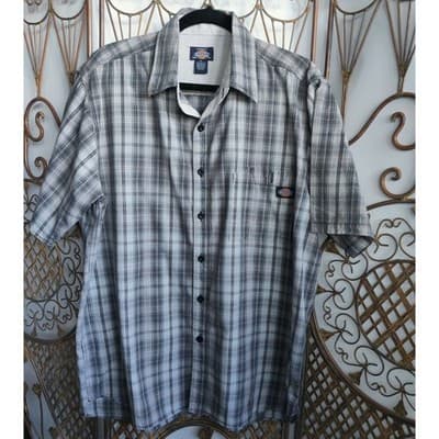 Authentic Dickies Mens Plaid Button Up Short Sleeve Shirt Cotton Gray Size XL - Thumbnail 3